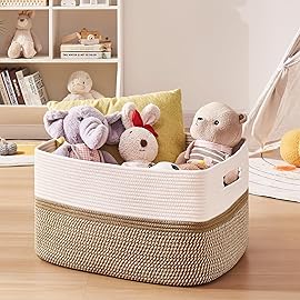 OIAHOMY Large Blanket Basket, 22x17x12 Rectangle Woven Baskets, Nursery Blanket Storage Living Room, Toy Storage With Handle, Large Baskets for Organizing-Yellow/White