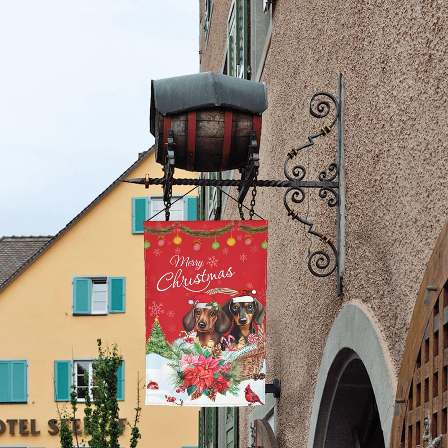 Merry Christmas Dachshund Puppy Dog Poinsettia Flowers Garden Flag 12x18 Inch Double Sided Vertical Decoration Yard Small Flag For Outside Holiday Seasonal Outdoor - Image 2