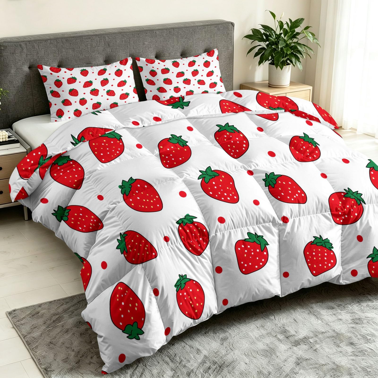 Kołdra 260 x 220 cm, na 4 pory roku, słodka truskawka, kropki, cztery pory roku, oddychająca, hipoalergiczna kołdra z kreskówki, owoce, bez poszewki, 3-częściowy zestaw z 2 poszewkami na poduszki 80 x