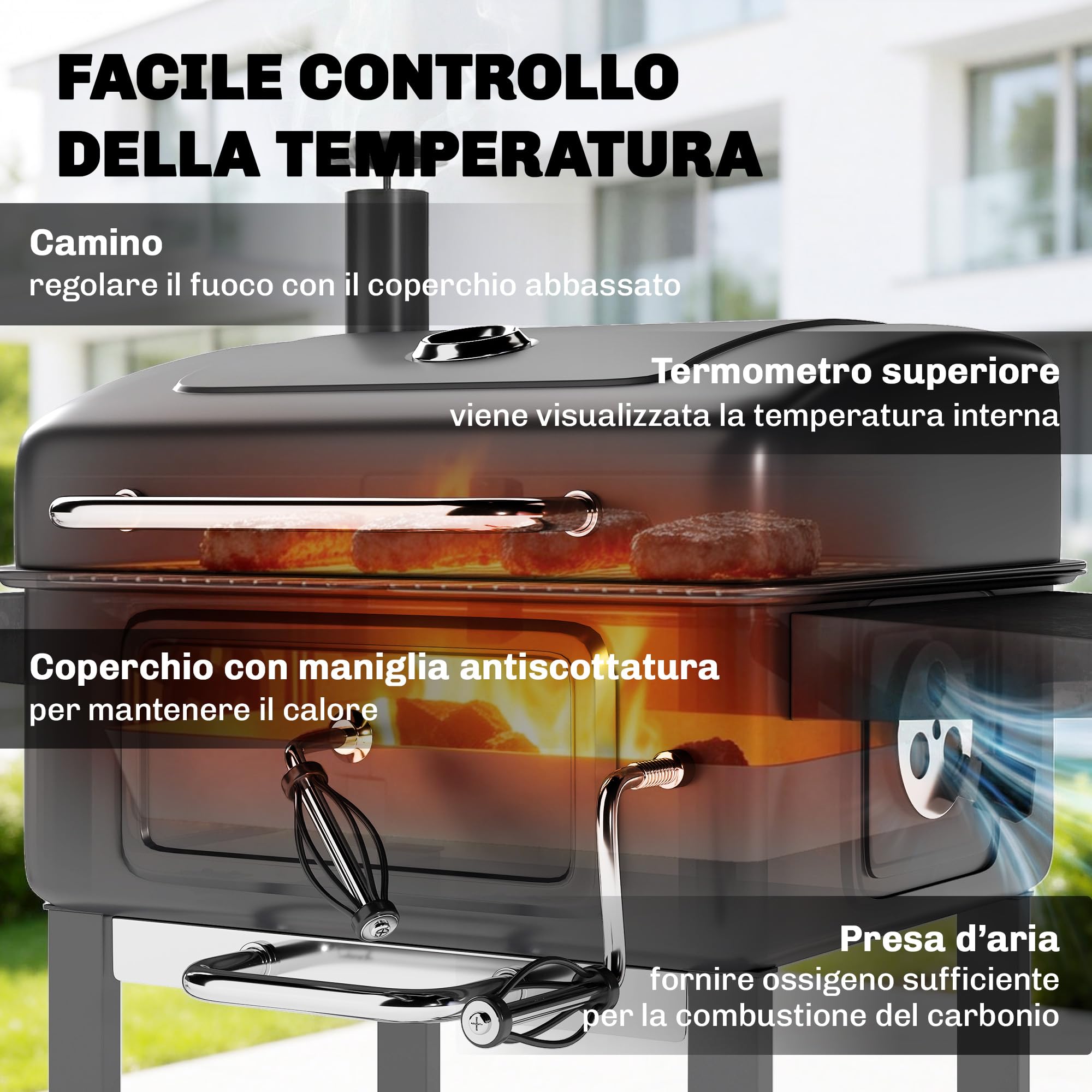 Outsunny Barbecue Carbonella con Griglia, Vasca Carbone Sfiati Regolabile, Carrello BBQ Barbecue Portatile con Coperchio, Termometro, Ripiani Laterali, Camino, Ganci, Ruote, per Campeggio, Nero