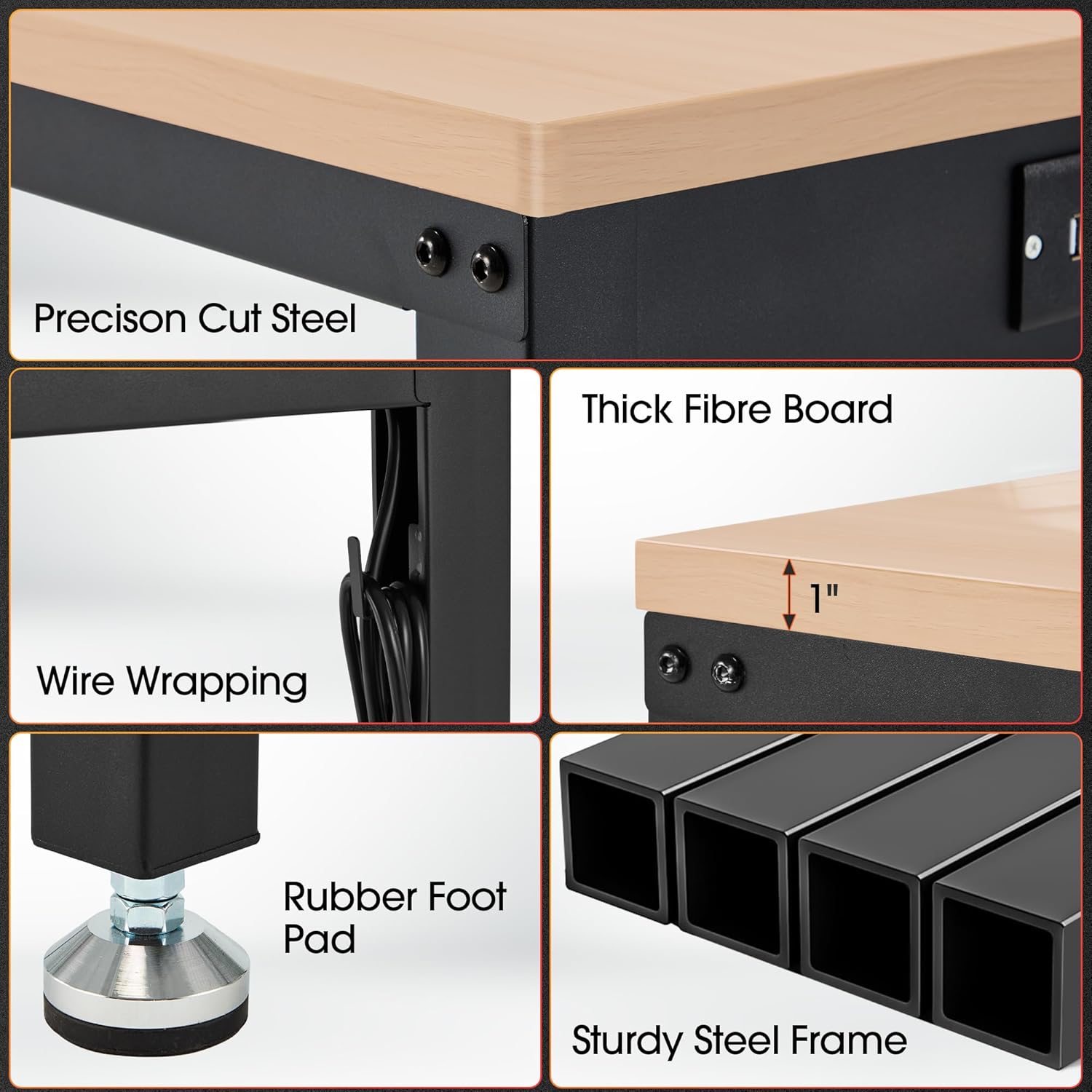 60” Adjustable Workbench,Heavy Duty Wood Work Bench 2000 Lbs Load Capacity,Work Table with Power Outlet for Garage, Workshop, Office, Home - Image 6