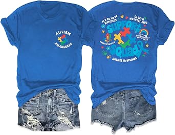 ALLTB Autism Awareness Shirt Women in April We Wear Blue Shirt Autism Mom Tee Autism Puzzle Graphic Short Sleeve Tops
