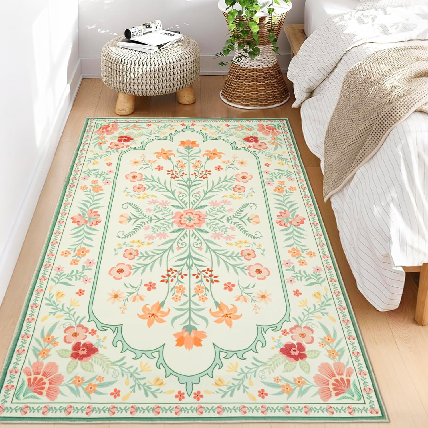 Instellar 4x6 Floral Area Rug - Washable Non-Slip Low-Pile Floral Pattern Rug for Bedroom Living Room Kitchen (Green)