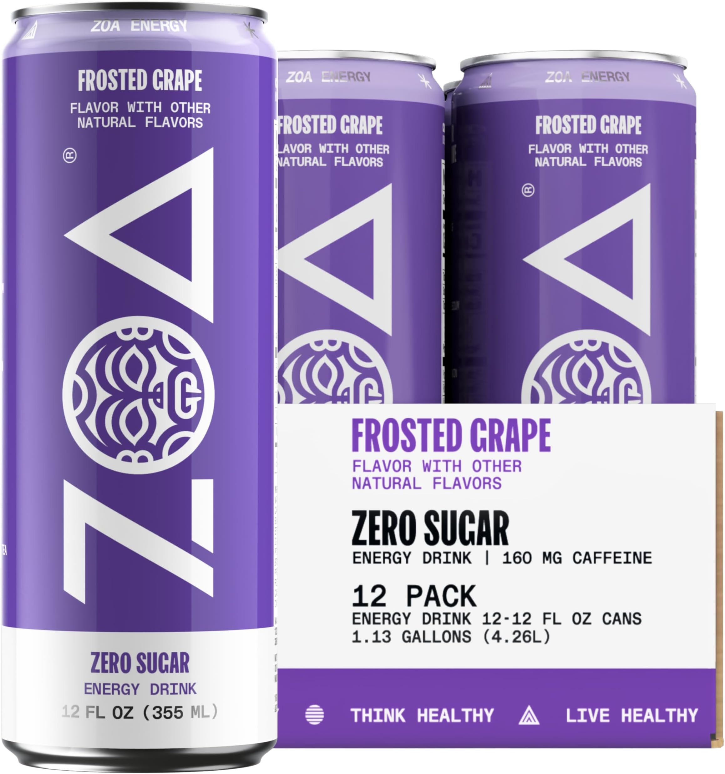 ZOA Zero Sugar Energy Drinks - Frosted Grape | Healthy Energy Formula with Natural Caffeine, Daily Vitamin C, Essential B-Vitamins | Gluten-Free, Keto Friendly | 12 Ounce Cans (Pack Of 12)