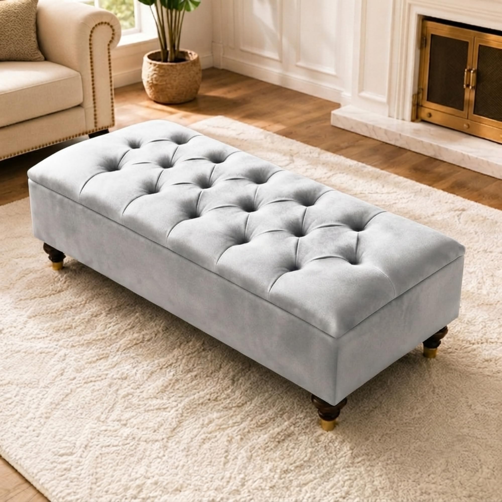 Naples Chesterfield Coffee Table Footstool Storage 102cm Silver Plush