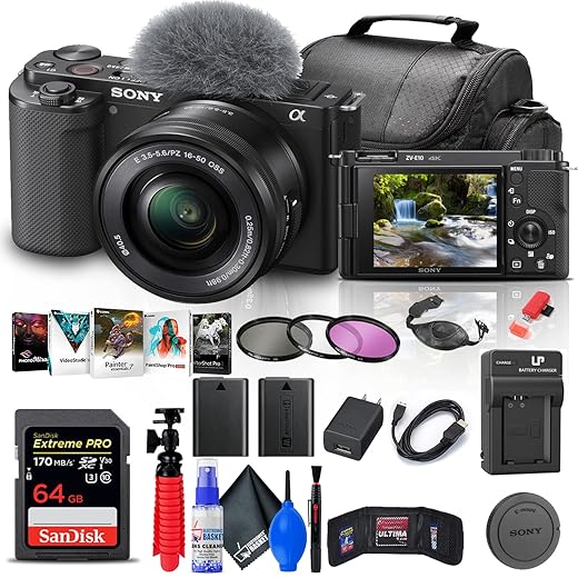 Sony ZV-E10 Mirrorless Camera with 16-50mm Lens (Black) (ILCZV-E10L/B) + 64GB Memory Card + Filter Kit + Corel Photo Software + Bag + NPF-W50 Battery + External Charger + Card Reader + More (Renewed)