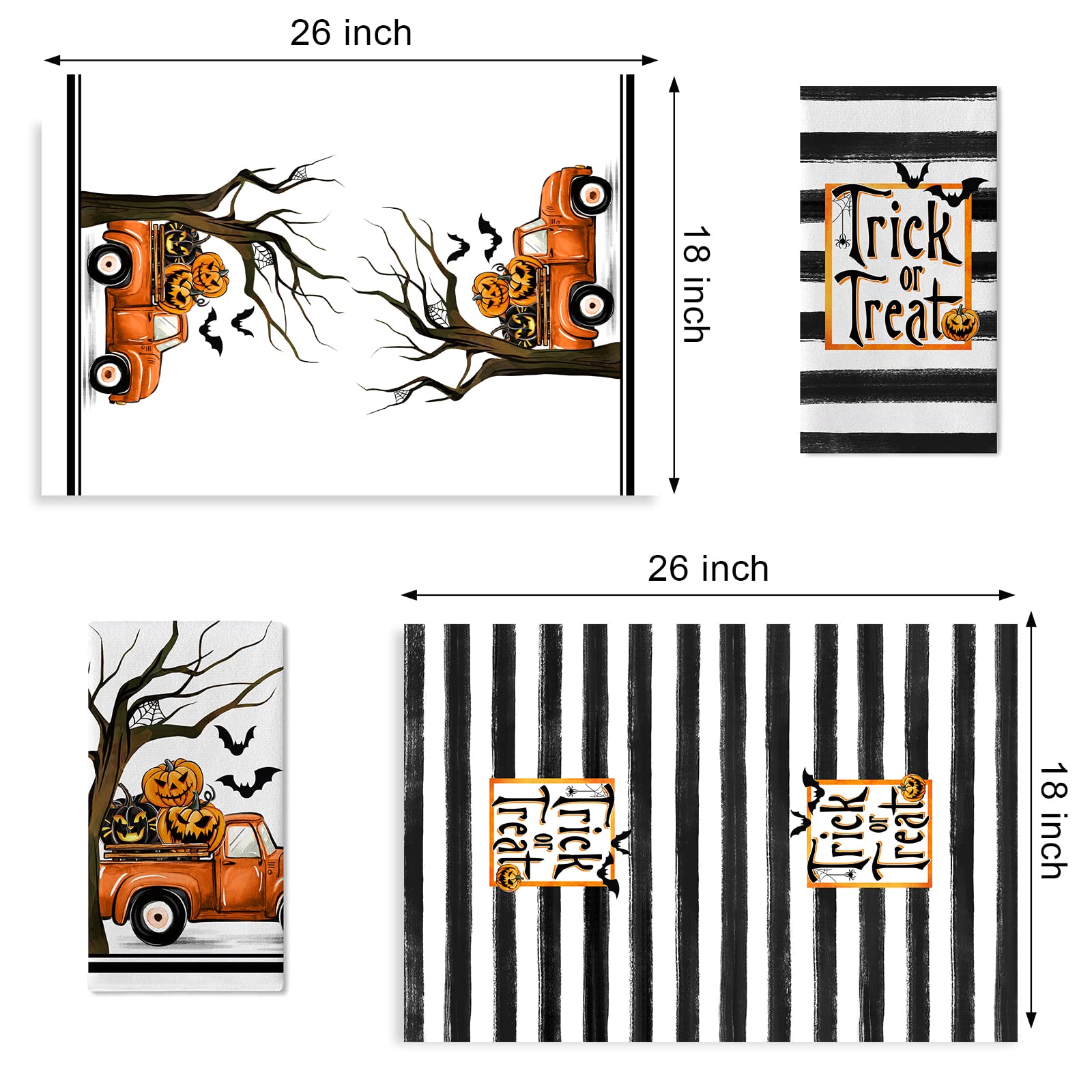 Seliem Halloween Trick or Treat Kitchen Dish Towels Set of 2, Jack O Lantern Pumpkin Truck Hand Towels Stripes Drying Baking Cooking Cloth, Spooky Bat Holiday Funny Home Kitchen Decor 18x26 Inch