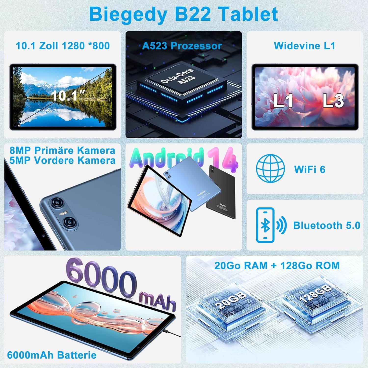 Biegedy Tablet Android 14 Octa-Core 10 Pollici, 20GB RAM+128GB ROM (1TB TF), 5G/2.4G WiFi 6, Widevine L1/6000mAh/GMS/Bluetooth 5.0/5+8MP, Tablet con Custodia Protettiva - Blu