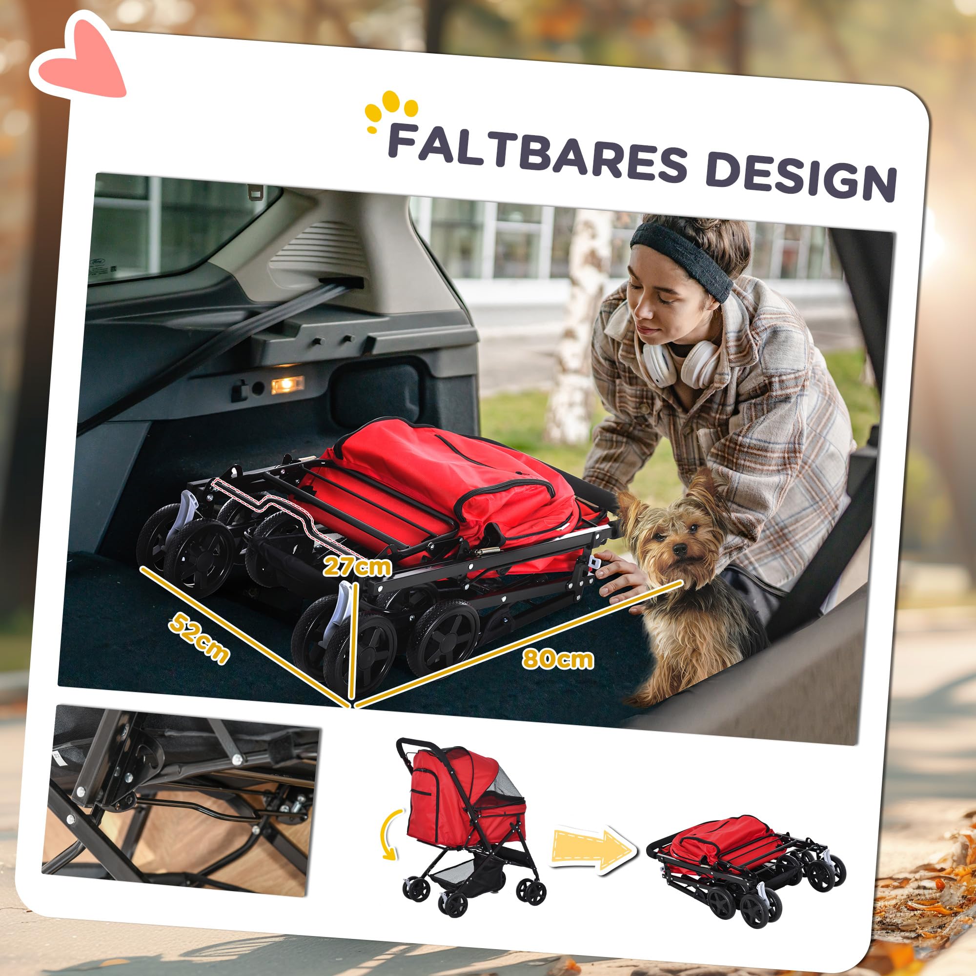 PawHut Hundebuggy Hundewagen Buggy für kleine Hunde und Katzen Haustierwagen Pet Stroller Katzenbuggy Oxford Rot 76,5 x 52 x 95 cm