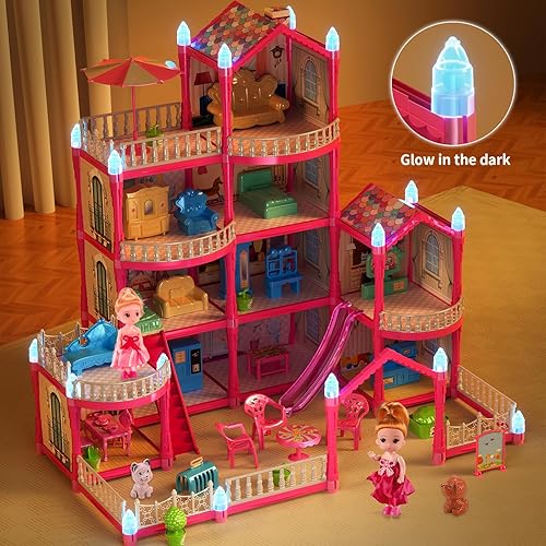 Miniatura 2 de Juguetes de casa de muñecas para niñas, casa de muñecas con brillo en la oscuridad, juego de casa de muñecas para niños con 4 pisos, 14 áreas de