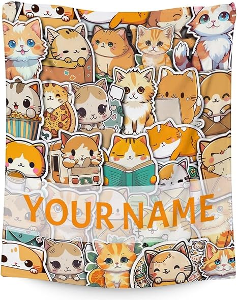 Personalized Cat Blanket Gifts with Name - 50"x60" Cute Throw for Kids & Adults - Yellow Soft Fuzzy Blankets for Bed, Couch & Living Room