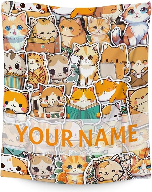 Personalized Cat Blanket Gifts with Name - 50"x60" Cute Throw for Kids & Adults - Yellow Soft Fuzzy Blankets for Bed, Couch & Living Room
