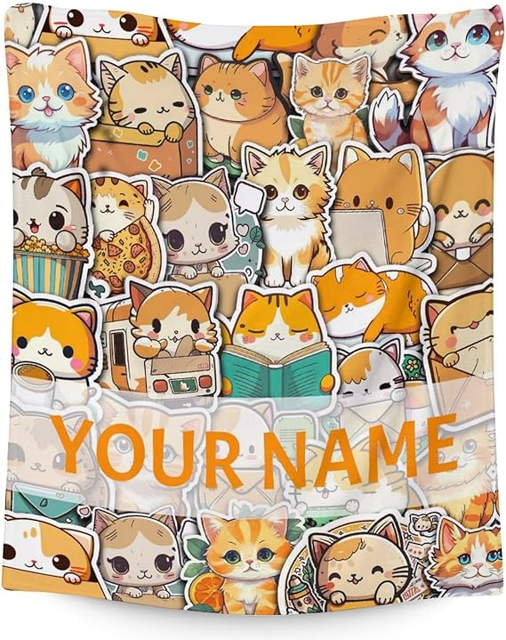 Personalized Cat Blanket Gifts with Name - 50"x60" Cute Throw for Kids & Adults - Yellow Soft Fuzzy Blankets for Bed, Couch & Living Room