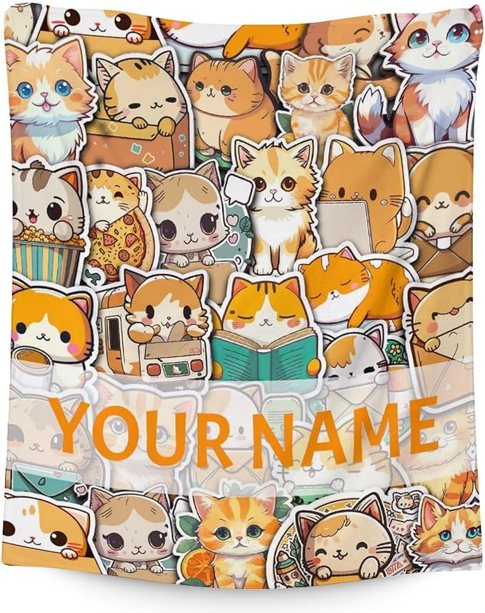Personalized Cat Blanket Gifts with Name - 50"x60" Cute Throw for Kids & Adults - Yellow Soft Fuzzy Blankets for Bed, Couch & Living Room