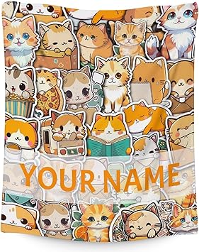 Personalized Cat Blanket Gifts with Name - 50"x60" Cute Throw for Kids & Adults - Yellow Soft Fuzzy Blankets for Bed, Couch & Living Room