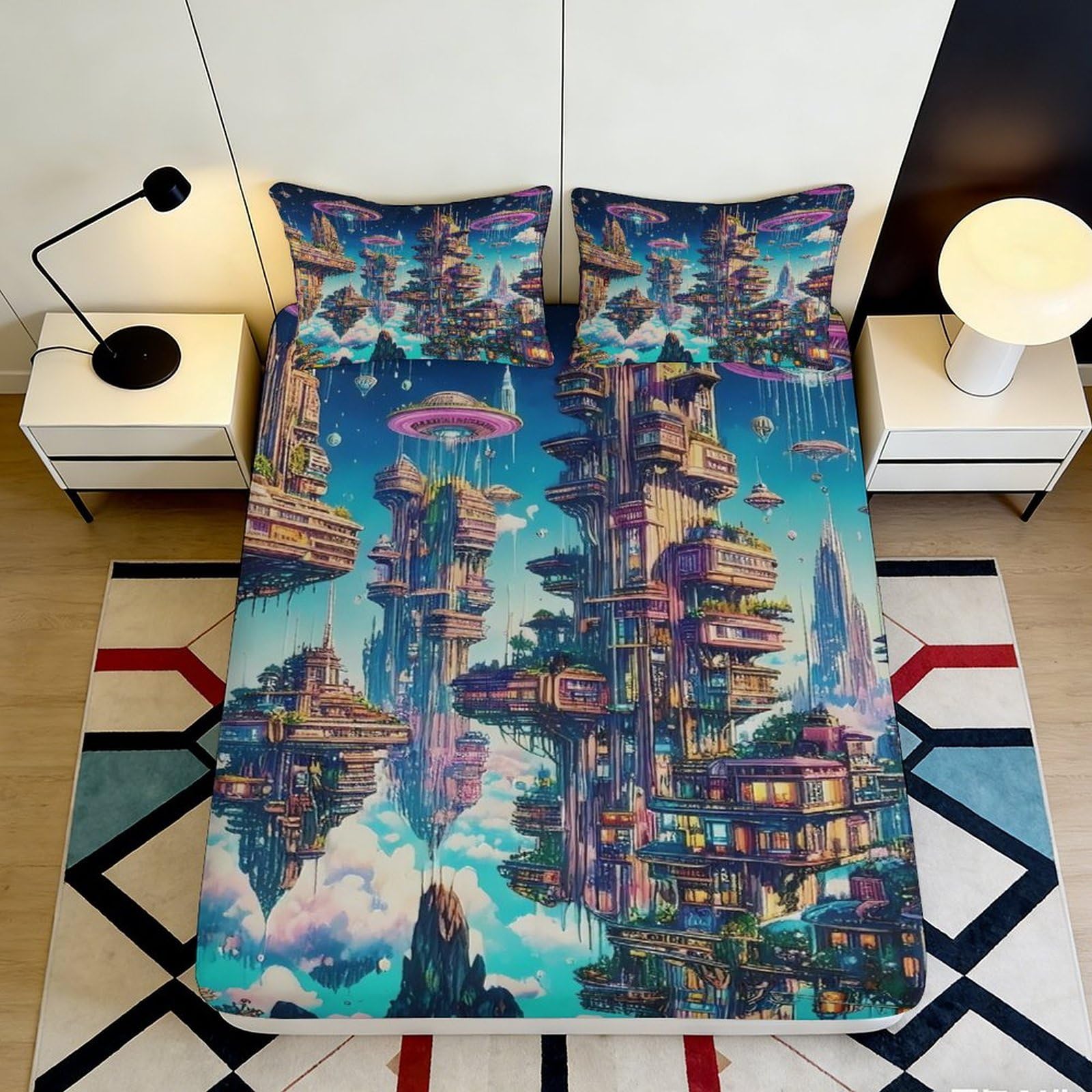 3D Printed Fantasy Cityscape Fitted Sheet Microfiber Anti-Slip Artistic Sky Mattress Cover Bedroom Decor 90x200x25cm