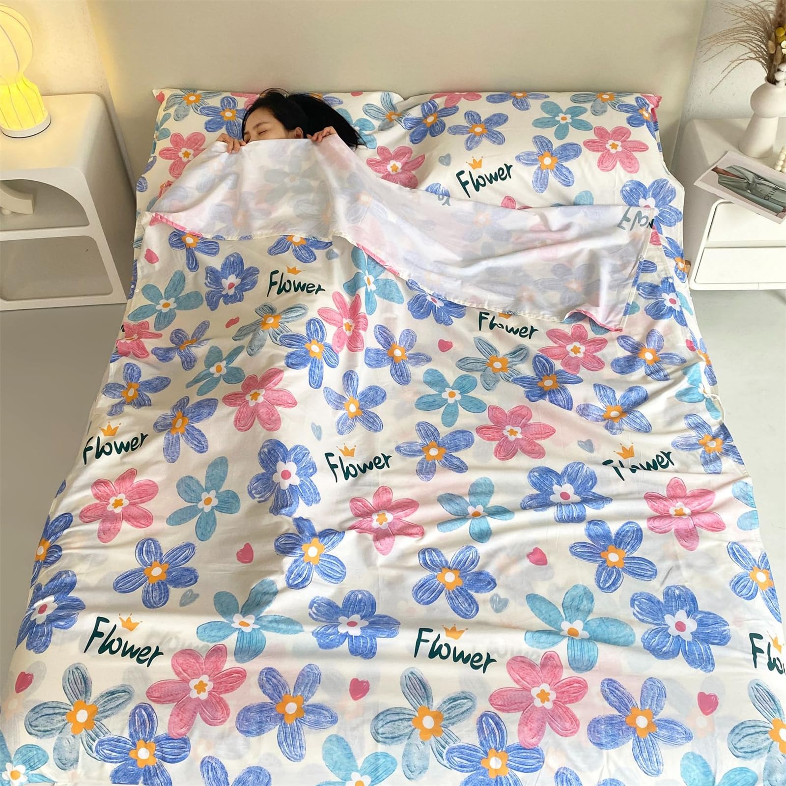 Highdi Sleeping Bag Liner Travel, Sleeping Bag Liners for Adults Portable Lightweight Sleeping Bag Soft Prevent Dirty Sleep Bag Liner with Pillow Slot for Hostels (Flower,200 * 210)
