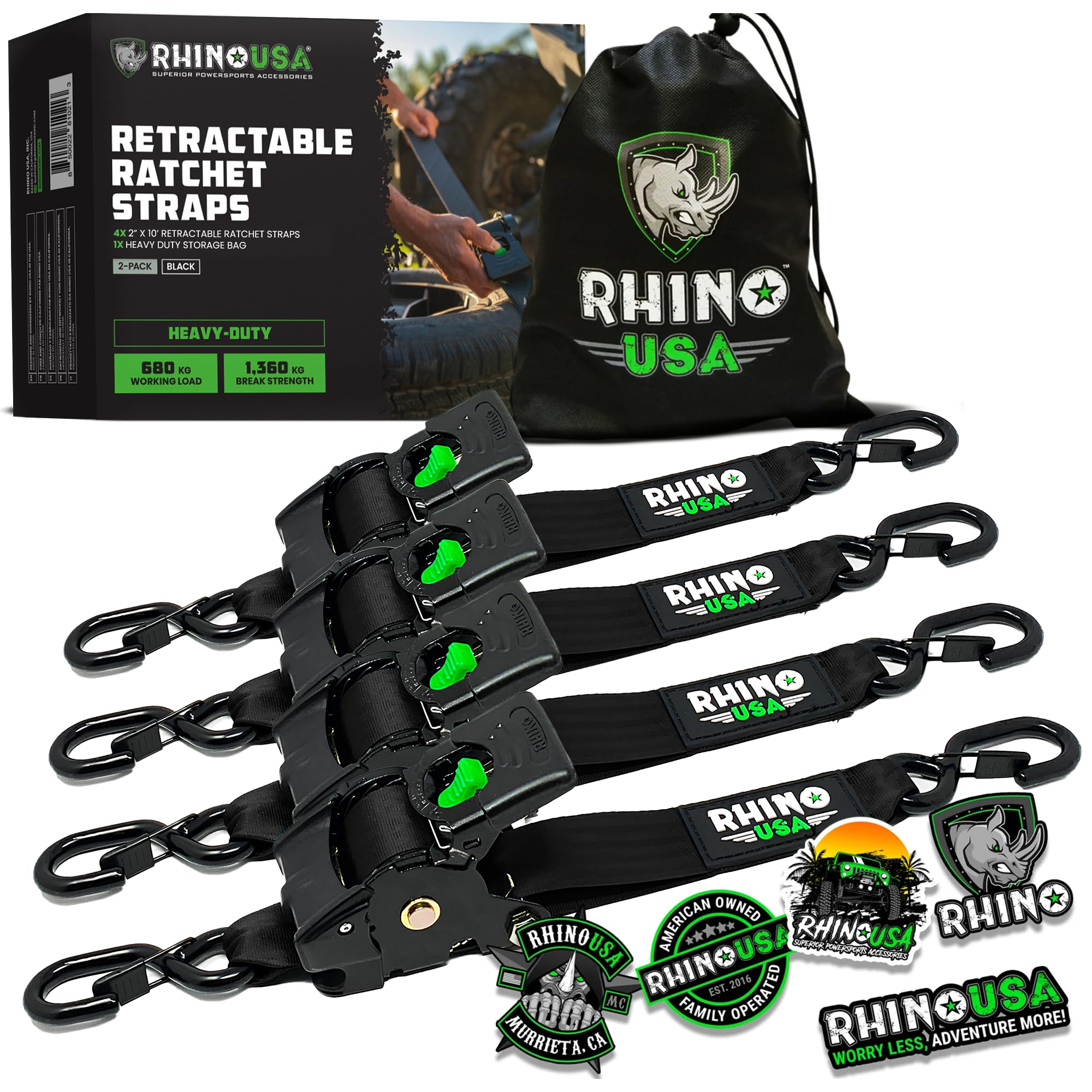 Photo 1 of *MISSING CARRY BAG* Rhino USA Retractable Ratchet Tie Down Straps (4PK) - 1,209lb Guaranteed Max Break Strength, Includes (4) Ultimate 1" x 10' Autoretract Tie Downs with Padded Handles Black 4PK