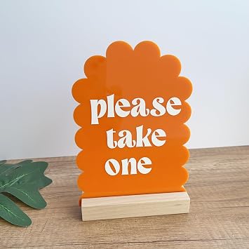Acrylic Please Take One Sign with Wood Base, Scalloped Edge Arch Design, 5 x 7 Inch, Wedding Table Decor Orange