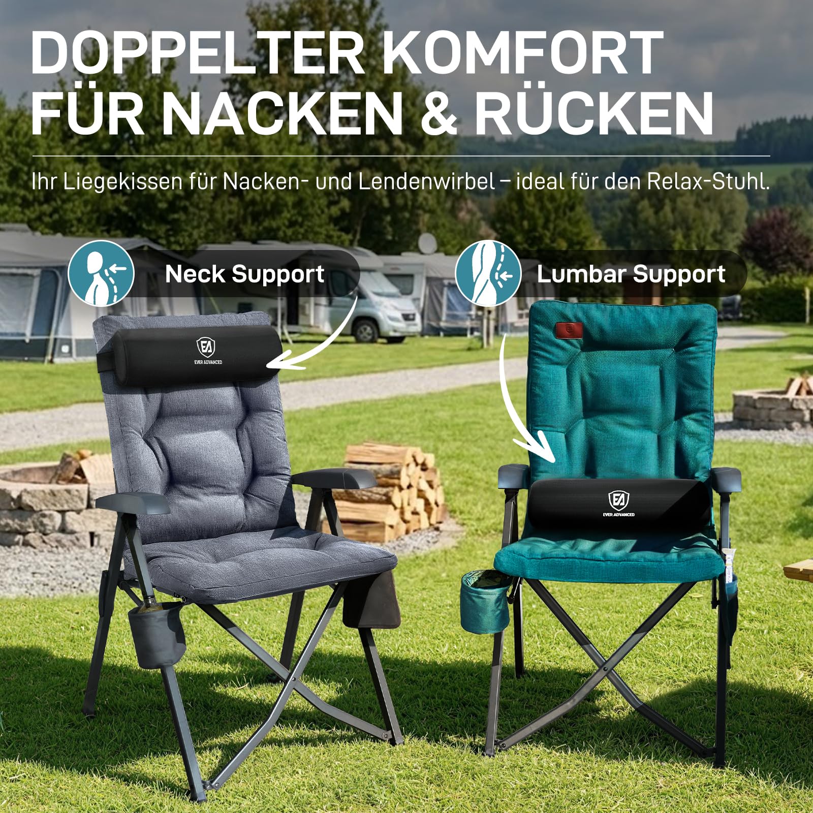 EVER ADVANCED Campingstuhl Set mit Fußstütze & Nackenkissen – 4-Fach Verstellbarer Campingstuhl mit 6cm Polsterung, Hochlehner Faltstuhl für Garten, Terrasse & Camping, Ergonomisch & Stabil