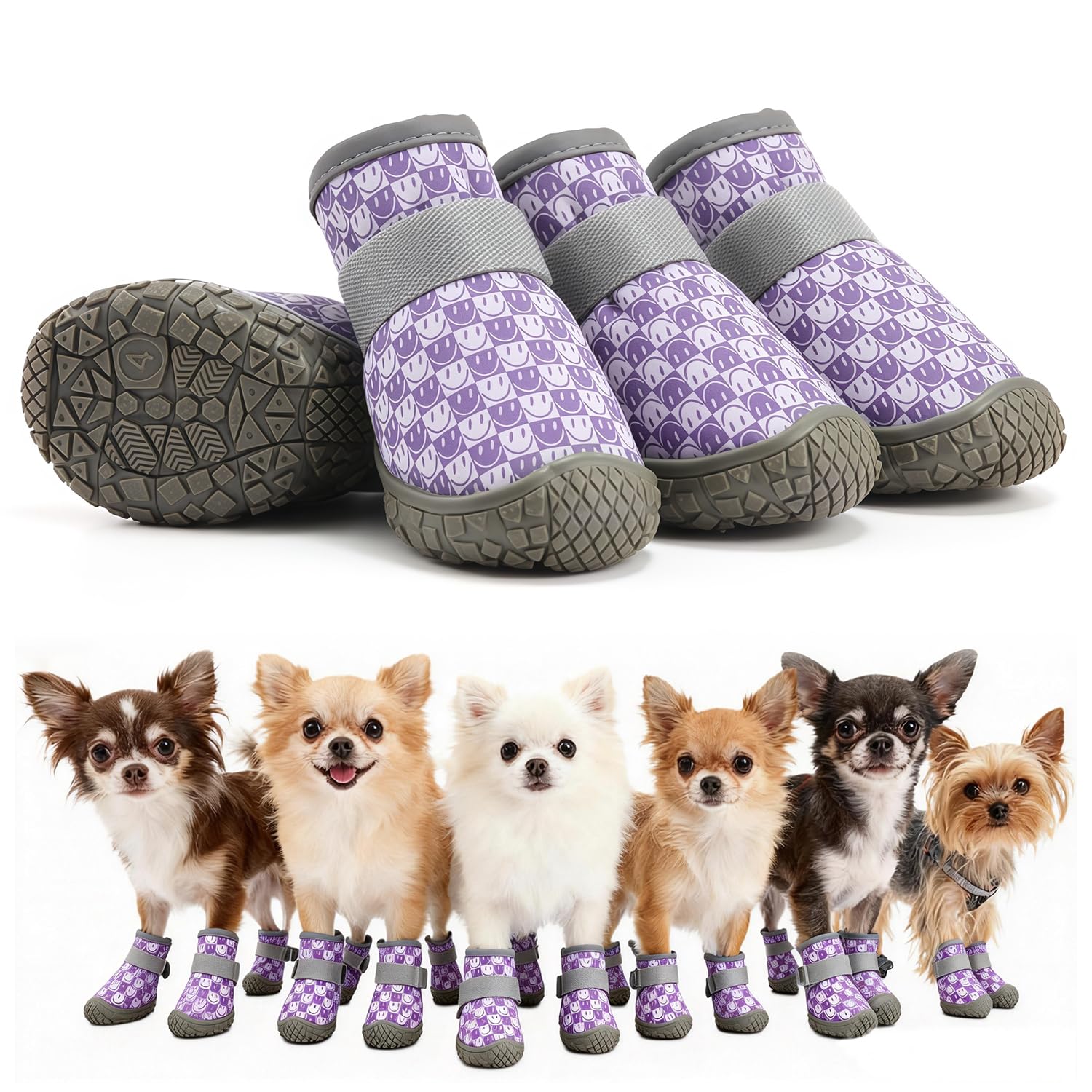 GAZIL 4-Piece Set of Dog Shoes, Purple Waterproof Lightweight Dog Boots for Injured Paws, Flexible Paw Protectors with Non-Slip Sole for Small 6-9KG Dogs(Paw Length Within 4.8cm)