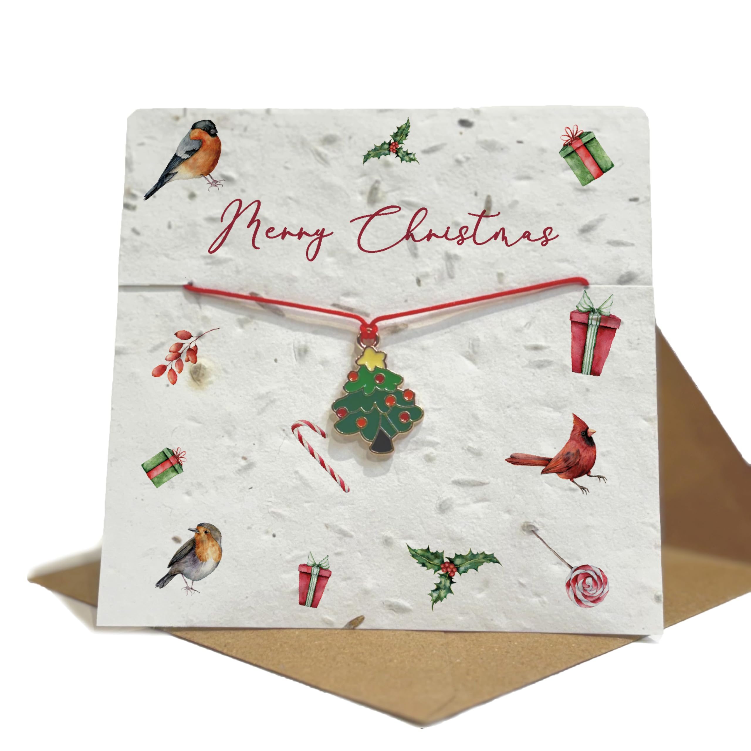 Plantable Wildflower Seed Christmas Card with Charm Bracelet – Eco-Friendly Christmas Greeting Card with Recycled Kraft Envelope – Blank Inside, Planting Instructions Included (Merry Christmas)