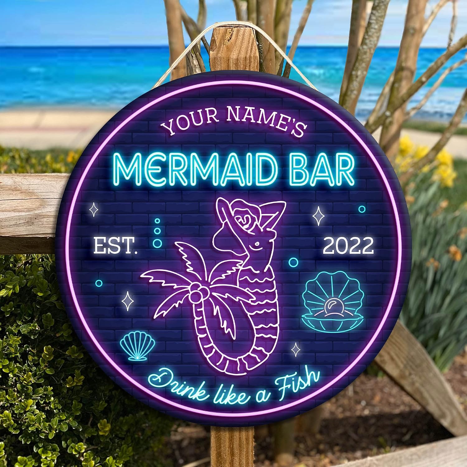 Artsy Woodsy Custom Mermaid Bar Wood Sign (Not Carved or Neon), Summer Decor, Coastal Nautical Tropical Beach Decor Outdoor Indoor, Pool Sign, Tiki Bar Backyard Bar & Grill Patio Porch Deck (02)
