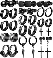 Conjunto de 15 pares de brincos masculinos pretos de aço inoxidável de cruz para homens e mulheres, hipoalergênicos, brincos de pendurar, argolas, tarraxas, Aço inoxidável, Sem pedra preciosa