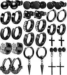 Conjunto de 15 pares de brincos masculinos pretos de aço inoxidável de cruz para homens e mulheres, hipoalergênicos, brincos de pendurar, argolas, tarraxas, Aço inoxidável, Sem pedra preciosa