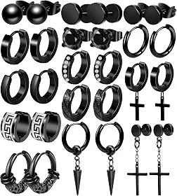 Conjunto de 15 pares de brincos masculinos pretos de aço inoxidável de cruz para homens e mulheres, hipoalergênicos, brincos de pendurar, argolas, tarraxas, Aço inoxidável, Sem pedra preciosa