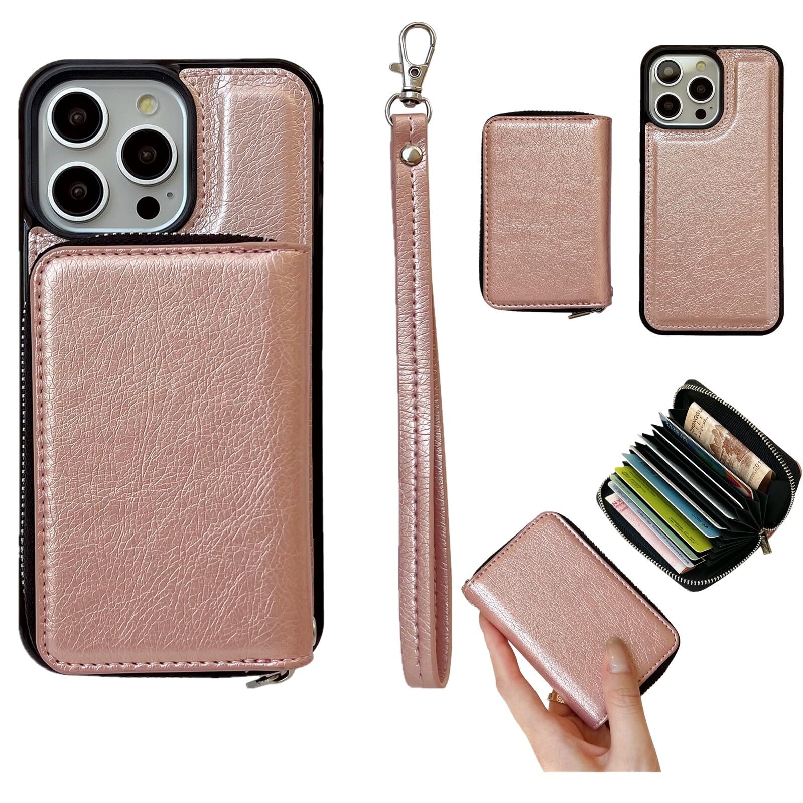 Étui iPhone 15 avec sangle portefeuille fermeture éclair - 6