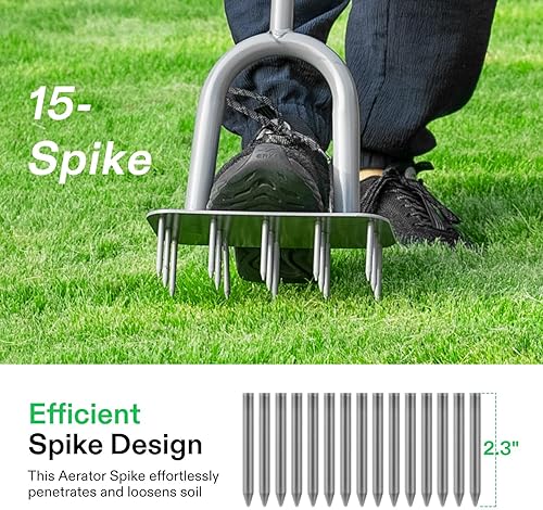 Miniatura 7 de VIVOSUN Aireador de césped de 15 picos, aireador de púas de metal, eficiente despachado manual y aireación del suelo, herramienta de jardín