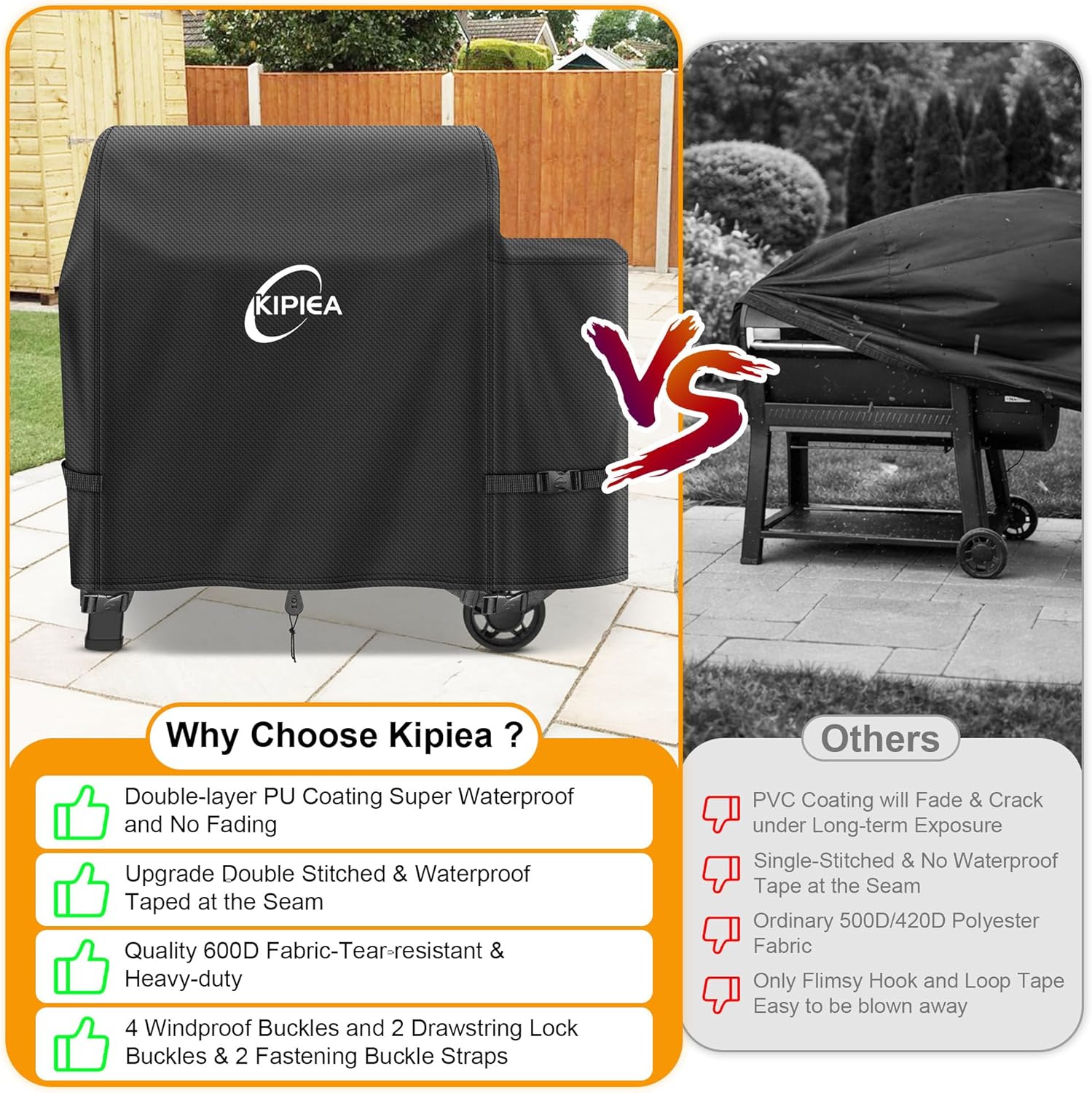 Kipiea 600D Heavy Duty Pellet Grill Cover for Weber Searwood XL 600 & Smoque XL, Waterproof Wood Pellet Smoker Cover with Windproof Buckles, UV Resistant, No Tear, No Fading