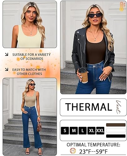 Miniatura 6 de Paquete de 3 camisetas térmicas sin mangas acanaladas para mujer, de forro polar de algodón, cuello redondo, ajustadas, capa base de camisola Marrón