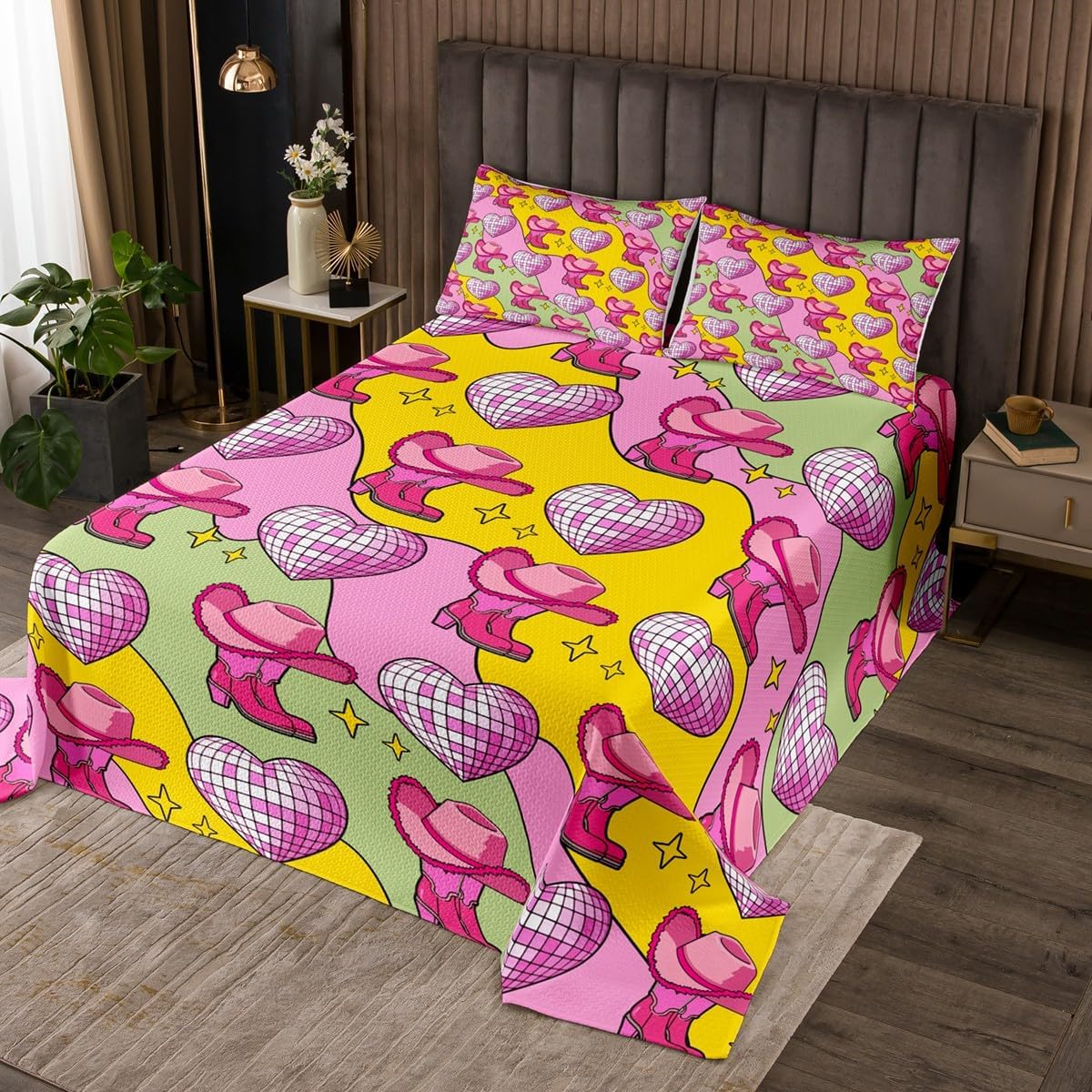 Castle Fairy Cowgirl Bedspread King Size Hippie Style Flower Coverlet Set Kids Room Present Luxury Watercolor Tie Dye Bedroom Decor Bedding Set Pink Geometric Plaid Bedding with 2 Pillowcases