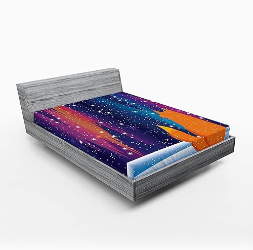 Miniatura 9 de Lunarable Aurora Borealis Fitted Sheet, Colorful Sky in The Arctic Region with Cartoon Fox on a Snow Hill, Bed Cover with All-Round Elastic Deep