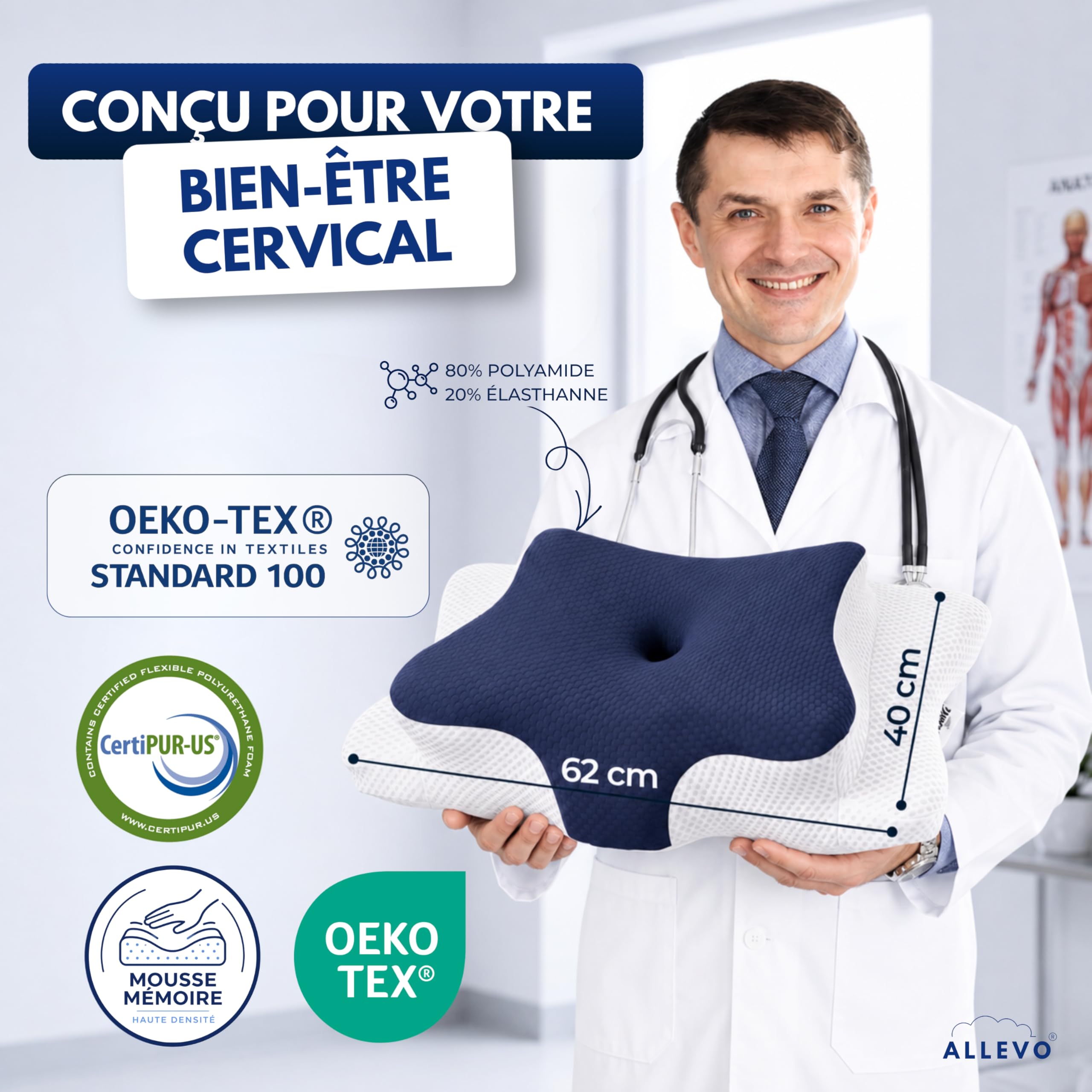 ALLEVO® Oreiller ergonomique cervical & 2 taies d’oreillers & hauteur ajustable- Coussin memoire forme, 60 x 40, Ferme, Pillow Papillon Pour Cervicales, Lit, Anti Cervicales douloureuses, Orthopédique