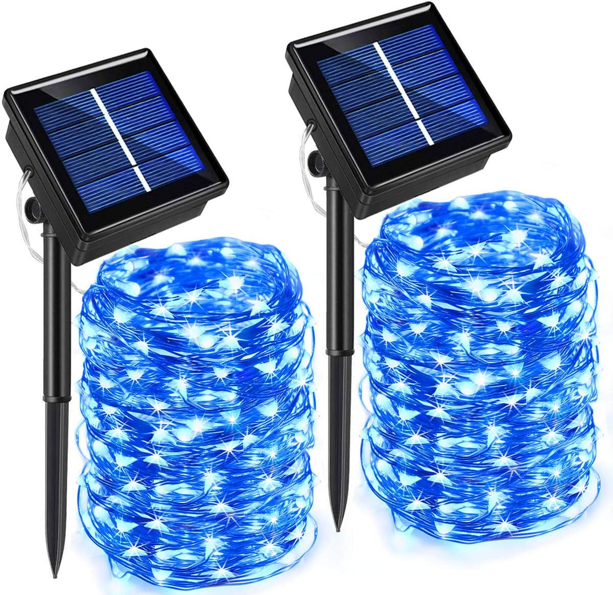 Windpnn 2 Packs 200 LED Solar Garden String Lights, 8 Modes Blue Solar Fairy Lights Outdoor