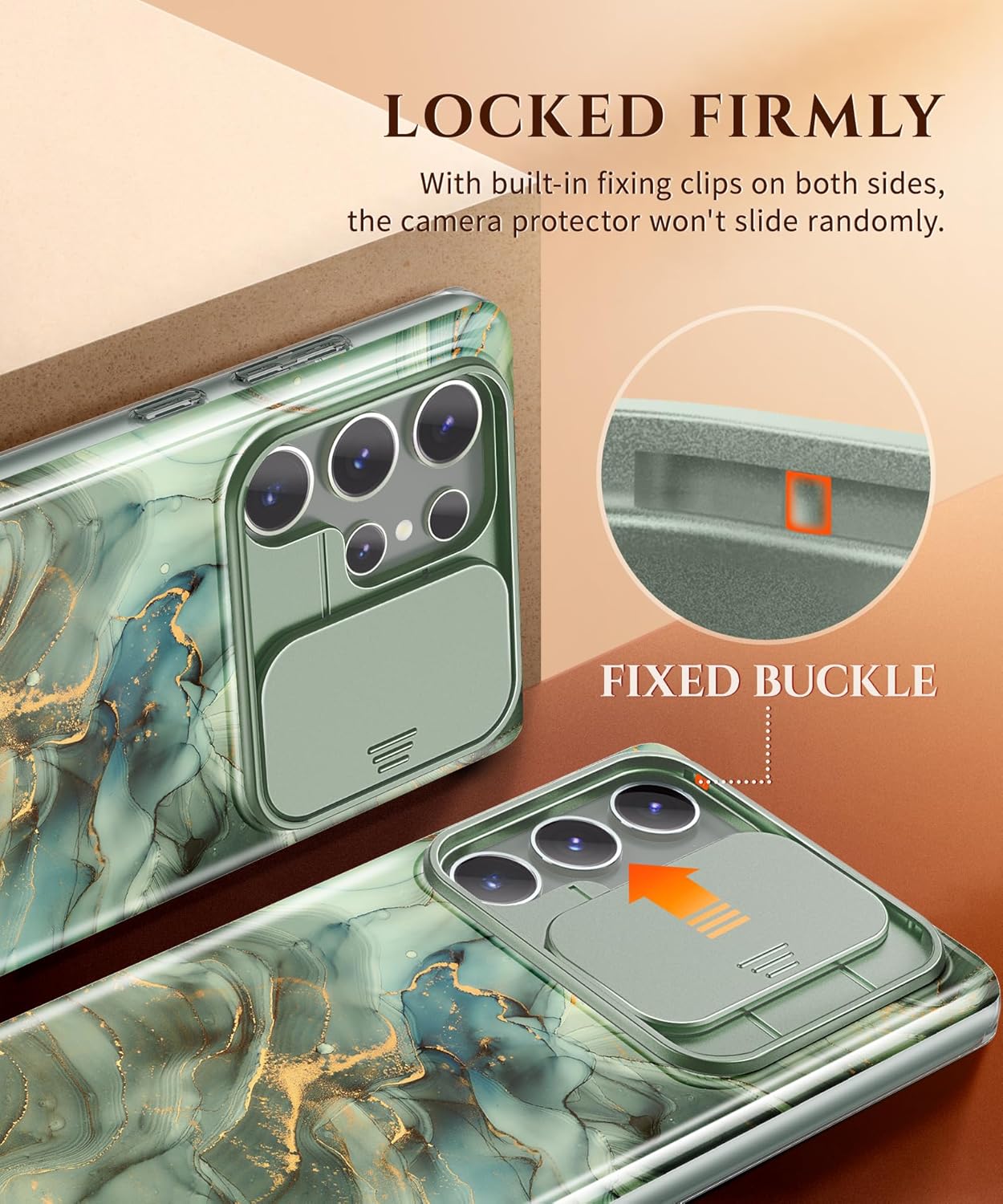 GVIEWIN for Samsung Galaxy S23 Ultra Case with Slide Camera Cover, [Built-in Screen Protector] [2 Front Frames] Military Grade Shockproof, Marble Phone Case Fit S23 Ultra 6.8", Desert Dream/Green