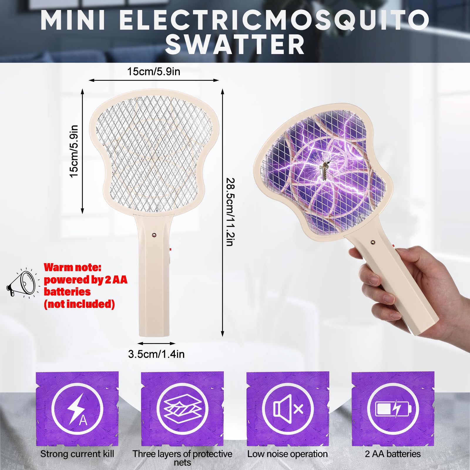 Lot de 3 tapettes à mouches électriques 3 000 V - Mini tapette à mouches portable - Zapper anti-moustiques avec 2 couches de sécurité en maille pour intérieur et extérieur - Placement de