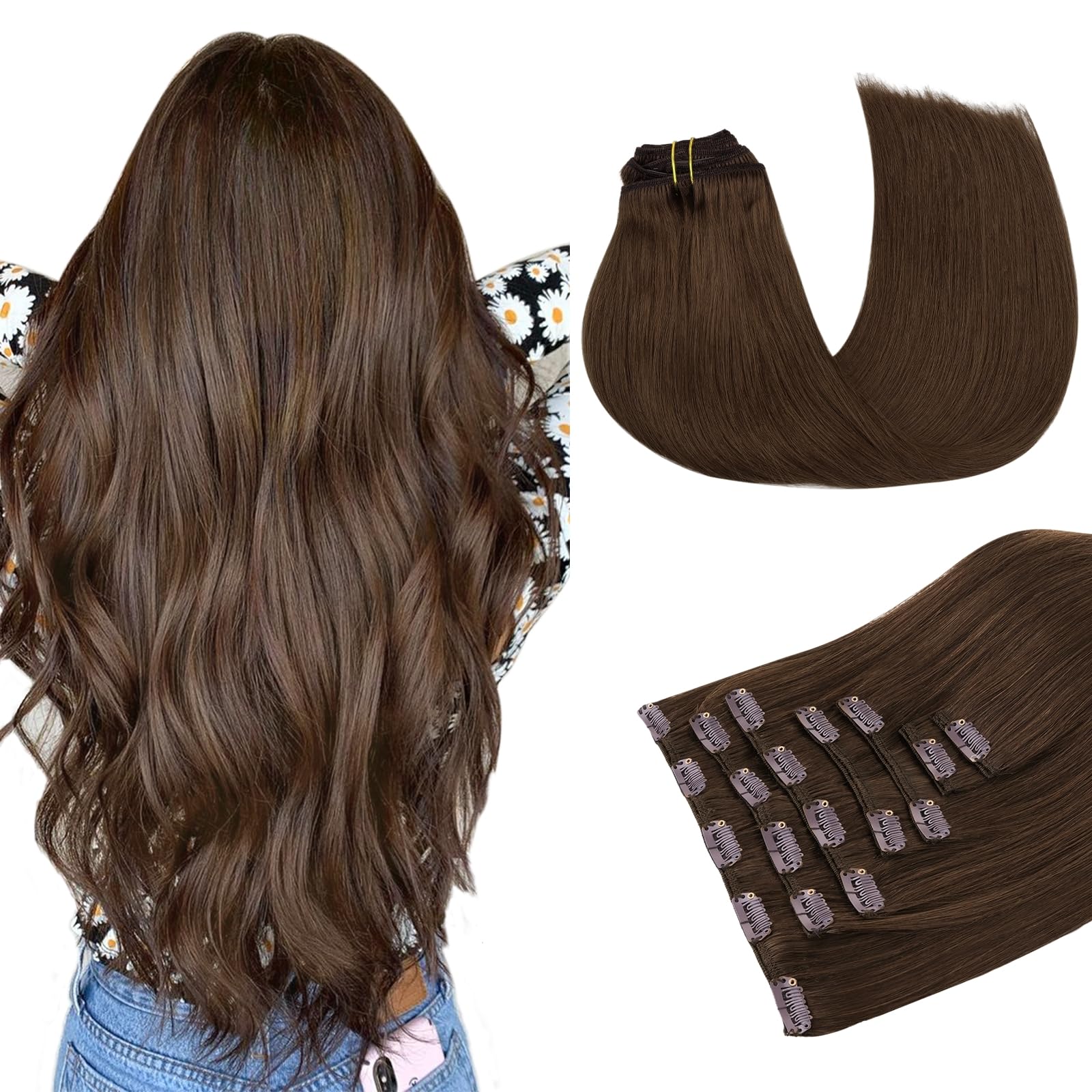 MAXITA Clip in Hair Extensions Real Human Hair, 7 pcs Chocolate Brown 14 Inch 120g, Clip ins Remy Hair Natural Straight Hair for Woman