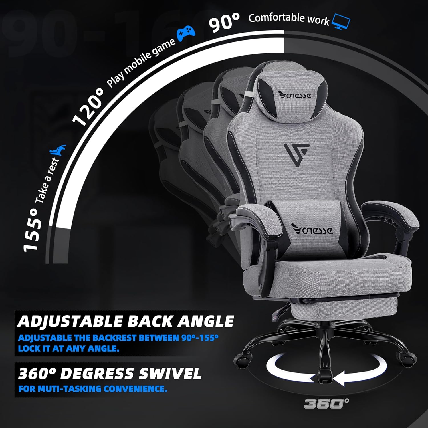 81fHYJeXxBL._AC_SL1500_ Vonesse Gaming Chair, Computer Chair Fabric with Pocket Spring Cushion, Office Chair with Footrest and Massage Lumbar Support, Reclining Gaming Chairs for Adults 250LBS (Grey)
