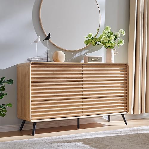 Miniatura 11 de RedLemon Cómoda de 6 cajones para dormitorio, cómoda doble de madera acanalada moderna de mediados de siglo de 54 pulgadas de ancho, cajonera con