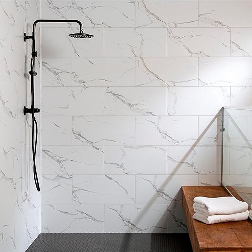 Vista 157 de Palisade Azulejos de vinilo entrelazados impermeables para salpicaduras de 22.8 x 7.31 pulgadas en mármol veneciano, sin juntas, fácil de instalar