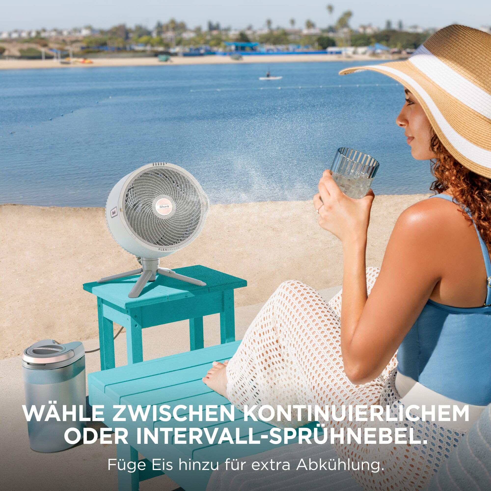 Shark FlexBreeze Pro Mist Akku-Ventilator für innen und außen mit Sprühsystem, tragbarer Sprühtank, 20 m, Stand- & Tischventilator, 5 Geschwindigkeitsstufen, leise, Fernbedienung, Dove FA300WHEU