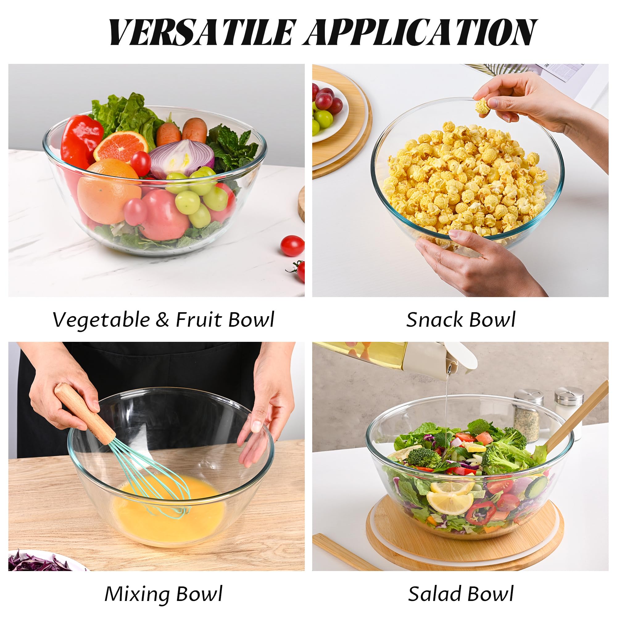 LOVYANXUE Glas-Salatschüssel mit versiegeltem Deckel, 26,9 cm, große Kapazität, Servierschalen und Rührschüsseln mit Utensilien, vielseitige Glasschalen für Salate, Kleinigkeiten, Obst, Nudeln