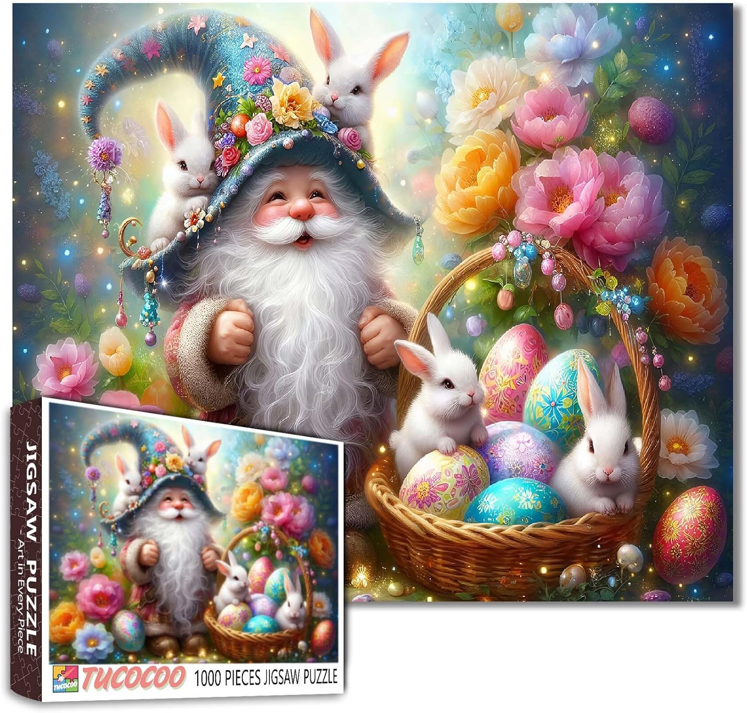 1000 Piece Easter Gnome Bunny Jigsaw Puzzle for Adults, Rabbit Puzzle Challenging with Poster - Fun Adult Game for Game Night (27"x20")