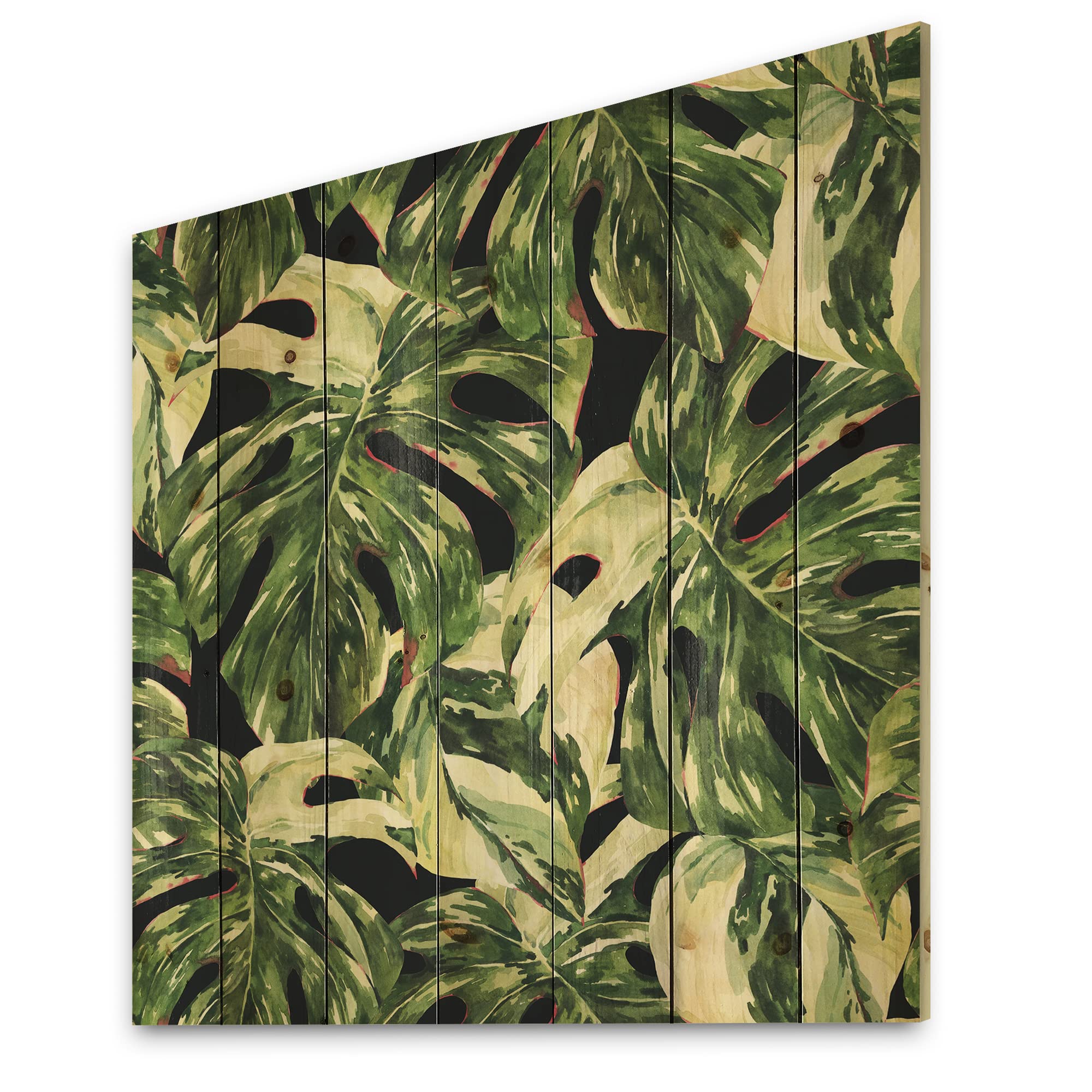 DesignQ Natural Leaves Exotic On Dark Ii Tropical Wood Wall Decor, Green Wood Wall Art, Large Floral Wood Wall Panels Printed On Natural Pine Wood Art, 25x25