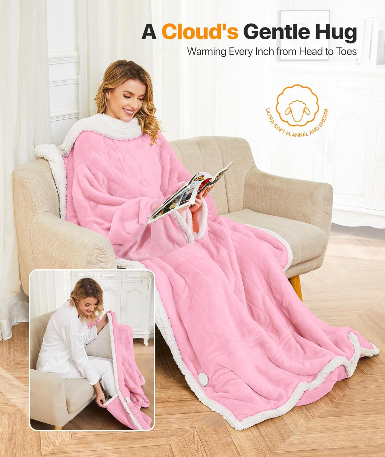 Portable Heated Blanket - Wearable Heated Blanket Throw with Foot Pockets, Sleeves Flannel Sherpa Wearable Blanket 8 Heating Levels & Timer Snuggle Blankets for Home Office-50*70" Pink Robes for Women - Image 2