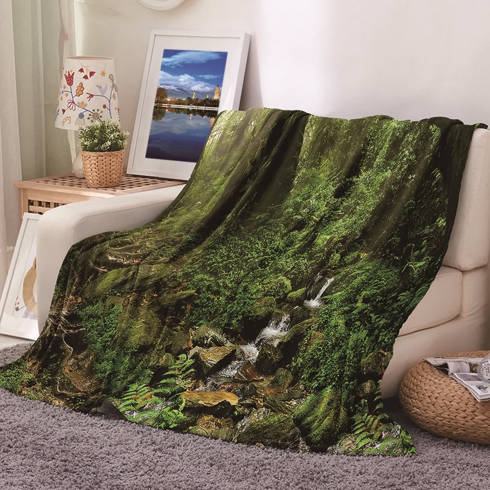 Coperta Termica Flanella,Coperta Pile Invernale Foresta con Ruscello Verde Coperta Invernale 180x220cm